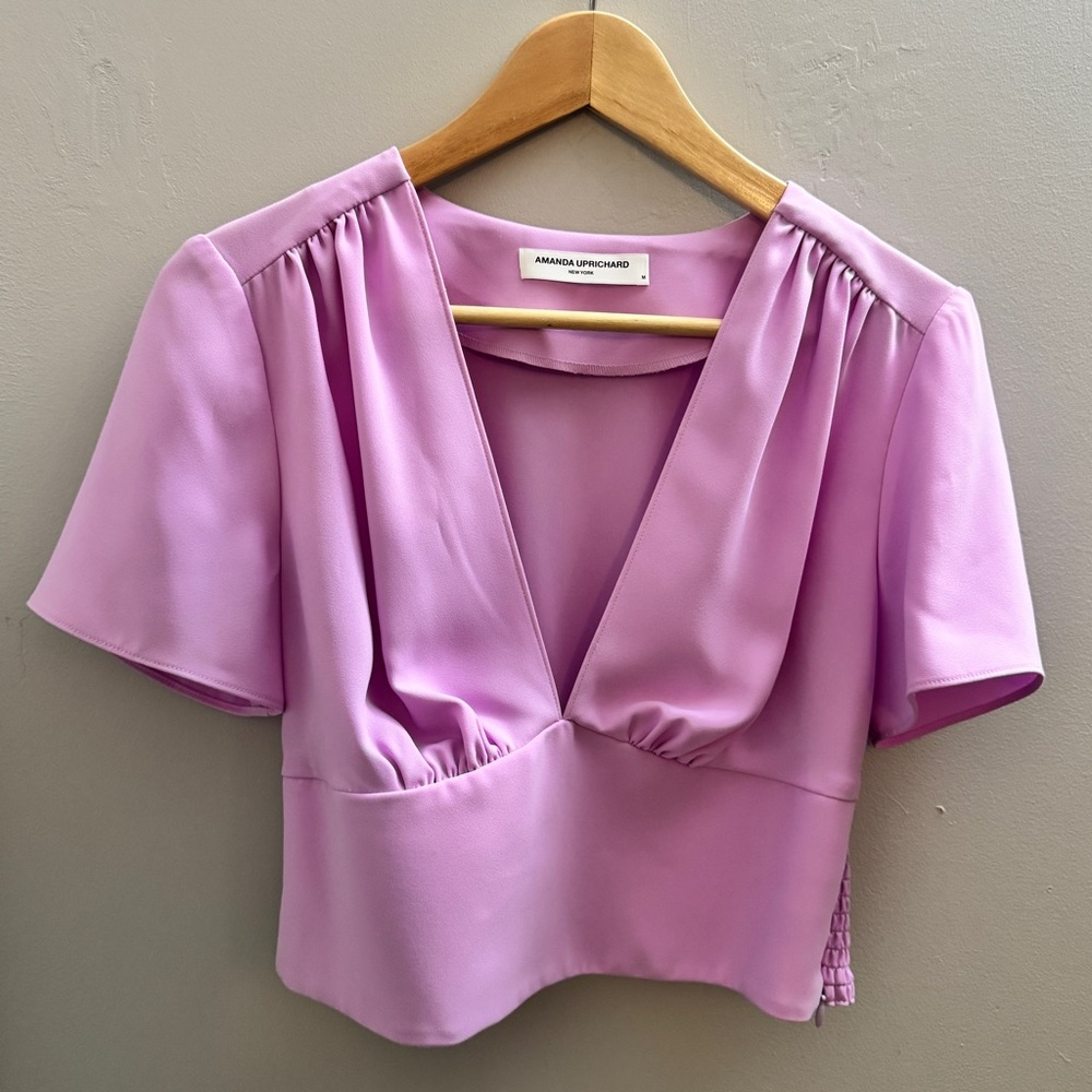 Amanda Uprichard Purple Flutter Sleeve Crop Blouse